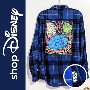 Disney Star Wars Max Rebo Band Blue Plaid Flannel Long Sleeve Button Up Shirt LG